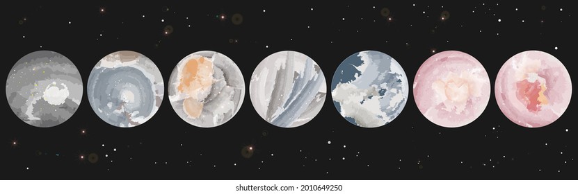 Moon Design Collection, Watercolor Style, Round shaped celestial collection. Vector Background