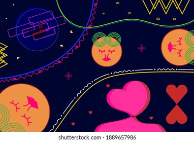 El diseño de la luna es una figura de la cara de una mujer flotando en el espacio o en el cosmos y en elementos abstractos por la noche.