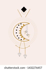 Moon and diamonds, in a geometric composition. Vector elements, that can be used both on the web, or for print.