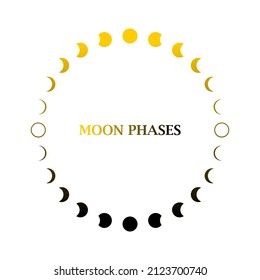 Mond in verschiedenen Phasen oder Mondphasen schwarz-gelber Kreis auf weißem Hintergrund flach Vektordesign Symbol.