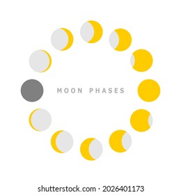 Moon different phases or lunar phases circle on white background flat vector design icon.