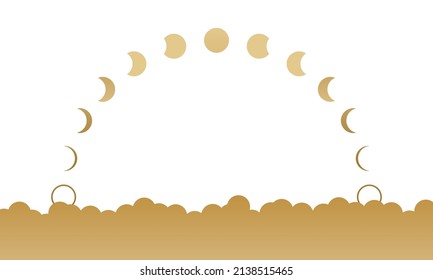 Mondphasen oder Mondphasen-Kurve mit weißer Wolke auf weißem Hintergrund, flache Vektorgrafik, gelbes goldenes Symbol.