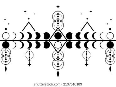 Moon different phases or lunar phases mysterious astrology magic spell talisman on white background flat vector design black icon.