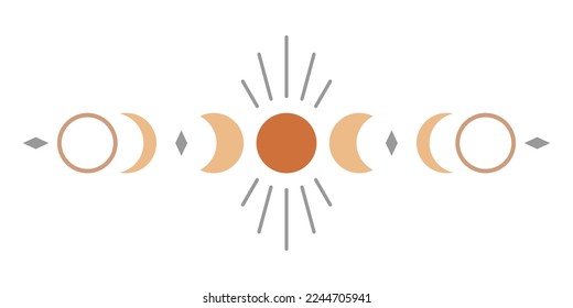 Moon different phases or lunar phase waxing and waning with moonlight ray magic mysterious boho on white background flat vector black icon design.