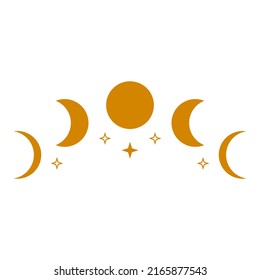 Moon different phases of lunar phases with stars on white background boho flat vector icon design.