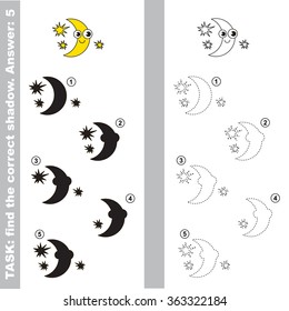 Moon with different shadows to find the correct one. Compare and connect object with it true shadow.