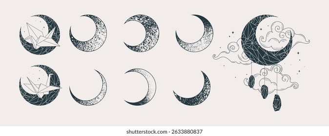 Moon in different shape or phase, crescents decorated with paper cranes and crystal. Set of celestial elements. Vector illustration 