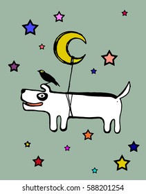 Moon dog, hand drawn colored vector illustration