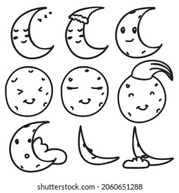 moon doodle drawing set. drawn by hand. cartoon moon