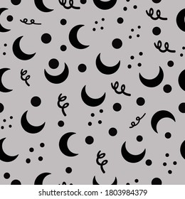 Moon y puntos vectorial abstracto patrón transparente elementos negros sobre fondo gris repetición fondo