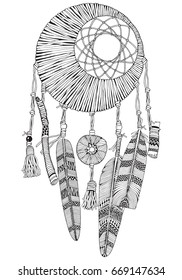 Moon dreamcatcher with feathers and branches. Doodle style. Black and white. Hand drawn Adult  Coloring Book page with cozy Dream Catcher.