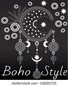 Moon dreamcatcher with medallions. Boho chic style. Hand drawn. Vector illustration.