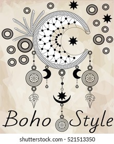 Moon dreamcatcher with medallions on the sacred geometry background. Boho chic style. Hand drawn. Vector illustration.