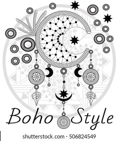 Moon dreamcatcher with medallions on the shaman drum background. Boho chic style. Hand drawn. Vector illustration.