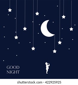  Moon and dreaming baby. Concept idea. Good night .vector illustration.EPS 8