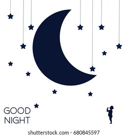 Moon and dreaming baby. Concept idea. Good night . Place for your text. Vector illustration. EPS 8