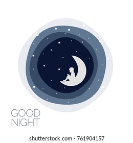 Moon and dreaming baby. Concept idea. Good night . Place for your text. Vector illustration. EPS 8