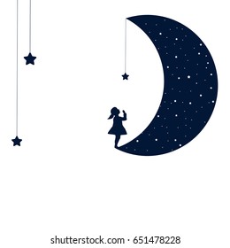 Moon and dreaming baby girl. Concept idea. Good night . Place for your text. Vector illustration. EPS 8