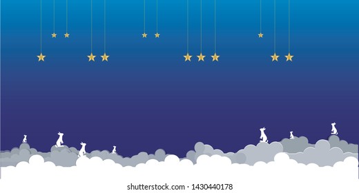 Moon and dreaming rabbits and night sky. Present Card in Night theme Moon Stars with copy space. Insomnia concept. Vector illustration. EPS 10