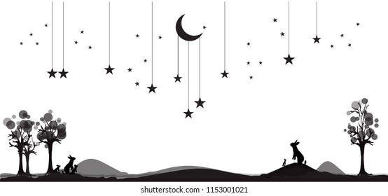 Moon and dreaming rabbits and night sky.Present Card in Night theme Moon Stars with copy space.Insomnia concept. Vector illustration. EPS 10