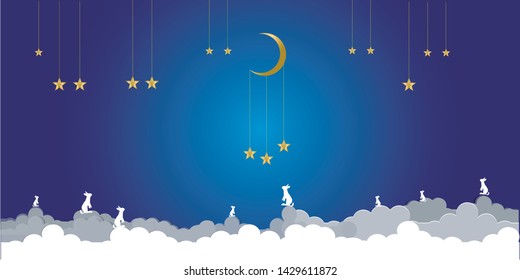 Moon and dreaming rabbits and night sky.Present Card in Night theme Moon Stars with copy space.Insomnia concept. Vector illustration. EPS 10