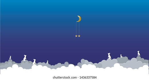 Moon and dreaming rabbits and night sky.Present Card in Night theme Moon Stars with copy space.Insomnia concept. Vector illustration. EPS 10