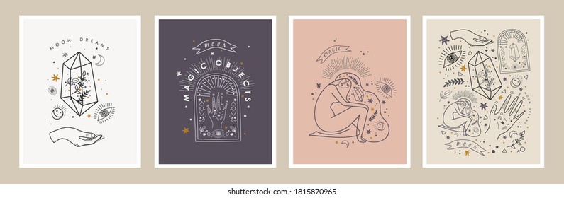 Moon dreams and magic objects. Vector illustrations of crystal, woman, eye, hand, plant, star for astrology, esoteric and horoscope
 
