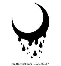 Moon with dripping slime. T-shirt print for Horror and Halloween, black silhouette. Vector illustration isolated on white background.