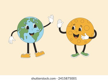 Moon and Earth cartoon characters give five each other in retro style. Smiling comic characters waving their hands. Vector illustration.