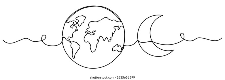 Moon and Earth globe continuous line drawing. Vector illustration isolated on white.