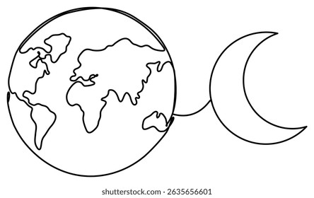 Moon and Earth globe continuous line drawing. Vector illustration isolated on white.