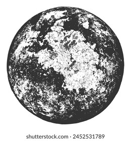 Moon, earth, planet isolated on white background. Abstract black stamp texture round shape. Grainy circle textured design elements. Vector illustration. EPS 10.