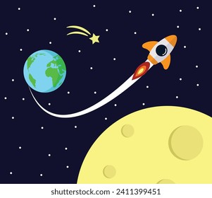 Moon Earth and Rocket in Space Flat Style. Science and technology topic vector art