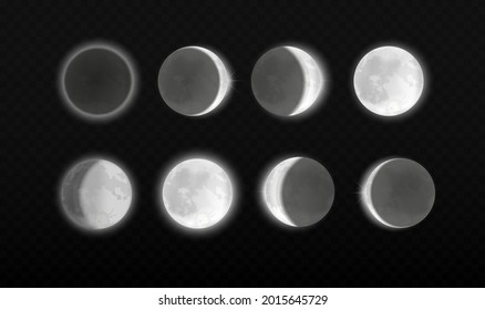 Moon eclipse, different phases astronomy infographic. Lunar eclipse full cycle in scientific transparent background, realistic moonlight in stages from full moon to thin moon.