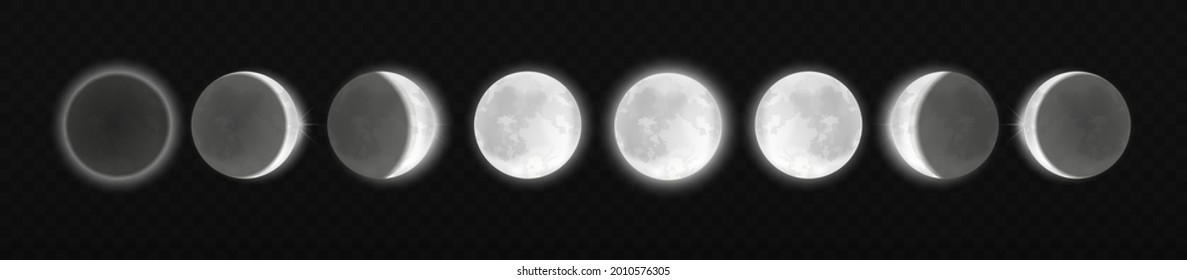 Moon eclipse, different phases, realistic moonlight in stages from full moon to thin moon