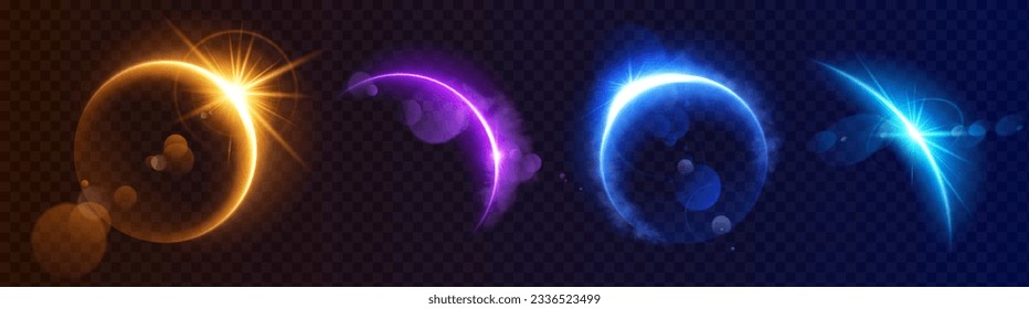 Moon eclipse light flare horizon space background. Abstract sunrise ring sparkle on earth planet design set. Gold, blue and purple crescent orbit edge glow with magic realistic cloud smoke shine.