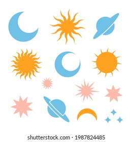 Eclipse de luna, estrellas, iconos de silueta de Saturno y sol. Simple señal de día y noche. Pictograma de contorno celeste aislado en fondo transparente. Forma Icono del vector.