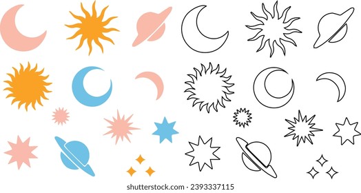 moon eclipse stars saturn and sun silhouette icons simple sign of day and night celestial