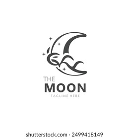 Moon elegant crescent and star logo design line in simple style outline background
