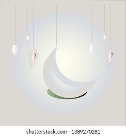 moon element on white and blue gradient background. The illustration is so luxury, beauty, and precious. Islamic Ramadan art.  use for banner, background, card, theme, wallpaper