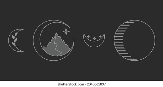 Moon with elements vector illustration. Moon and plant, mountain, stars and shadow