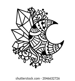 Mondesoterische Kunst. Vektorgrafik. Yoga Logo Design, handgezeichnet zenartiges Zierbild. Stamm, Boho, Indien, Hippie, Böhmische Stile