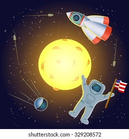 Moon exploration stylish infographic,childish style.Sputnik,artificial satellite,space rocket,american astronaut,gold Moon craters.Exploration of space infographics for children-yellow shiny Moon