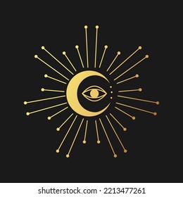 Moon with eye in gold style logo. Moon vector. Vector illustration element. Sketch drawing. Collection isolated vector. Boho tattoo art. Line art style.