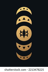 Moon with eye in gold style logo. Moon vector. Vector illustration element. Sketch drawing. Collection isolated vector. Boho tattoo art. Line art style.