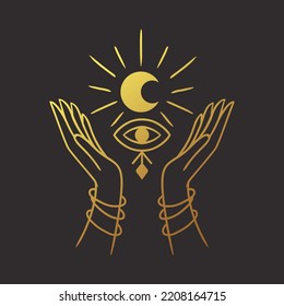 Moon eye in hand. gold Mystical logo. Vector Illustration. Minimalist Line art Style. Boho, Esoteric. Bohemian Logo Designs.