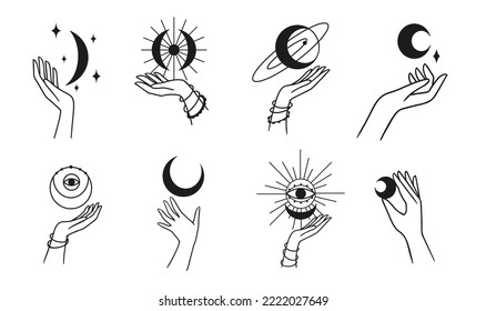 Moon eye  in hands Mystical logo set. Vector Illustration. Minimalist Line art Style. Boho, Esoteric. Bohemian Logo Designs.