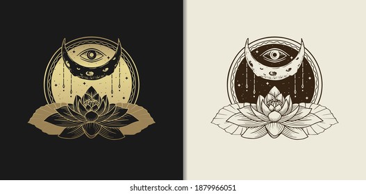 Moon, eye and lotus flower luxury gold hand drawn engraving style vector illustration.