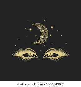 Moon and eyes gold logo, magical,  spiritual guidance tarot reader Colorful gradient design. illustration.