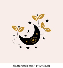 Moon, eyes, stars, clouds and plants illustration.Vector elements in a celestial inspired illustration, perfect to use on the web, or in print